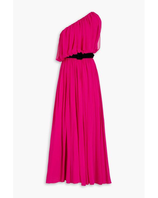 Badgley Mischka Pink One-shoulder Draped Georgette Gown