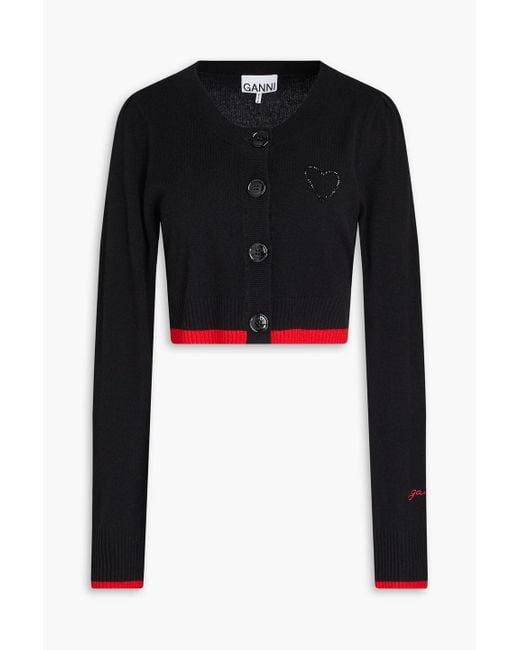 Ganni Black Cropped Bead-embellished Wool And Cashmere-blend Cardigan