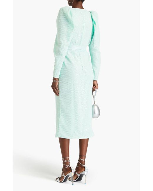 ROTATE BIRGER CHRISTENSEN Blue Sequined Corded Lace Midi Wrap Dress