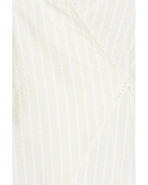 Ganni White Seersucker Stripe Wrap Blouse