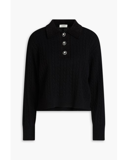 Sandro Black Cable-knit Wool And Cashmere-blend Polo Sweater
