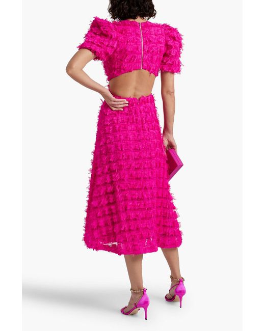 Rebecca Vallance Pink Cherie Amour Cutout Fringed Stretch-tulle Midi Dress