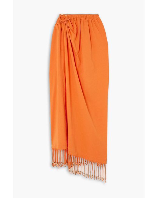 Rabanne Orange Fringed Embellished Gathered Cotton-Jersey Midi Skirt