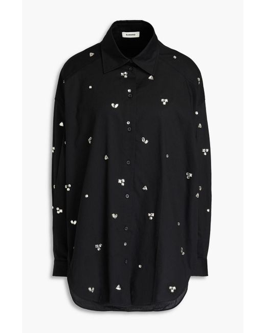 Sandro Black Crystal-embellished Cotton-poplin Shirt
