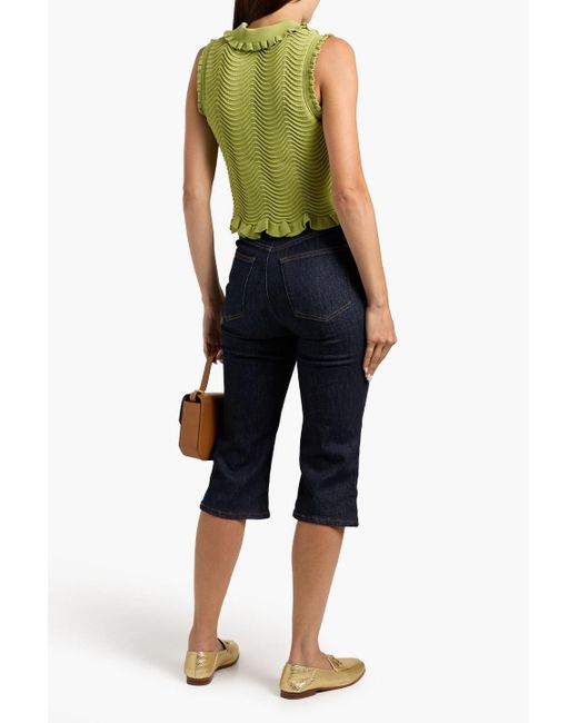 Sandro Green Ruffled Jacquard-Knit Top