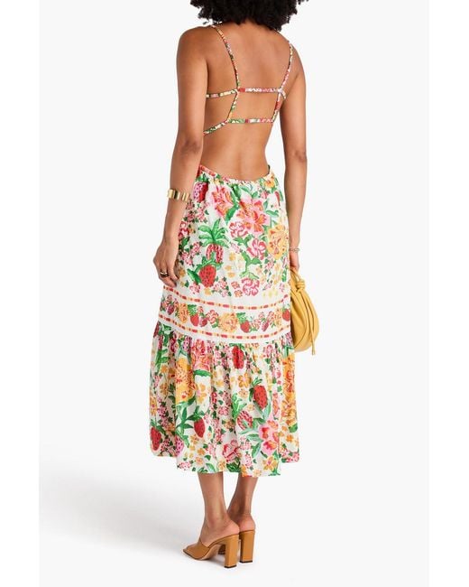 Farm Rio White Floral-Print Swiss-Dot Cotton Midi Dress