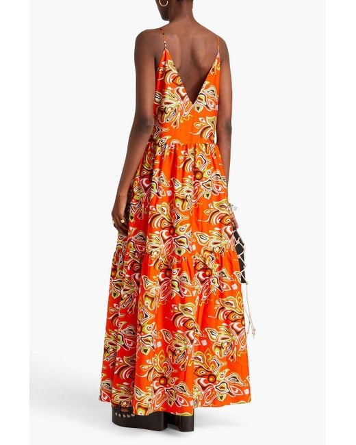 Emilio Pucci Orange Tiered Printed Cotton-poplin Maxi Dress