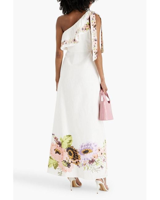 Mikael Aghal White One-shoulder Floral-print Cotton And Linen-blend Maxi Dress