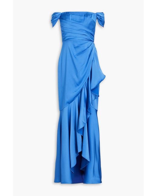 THEIA Blue Bailey Off-the-shoulder Draped Satin Gown