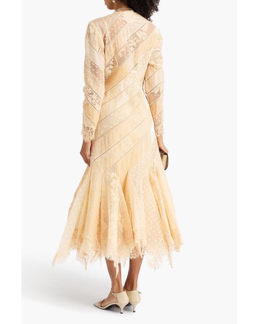 Zimmermann Natural Cotton-Blend Corded Lace, Organza And Devoré-Velvet Midi Dress