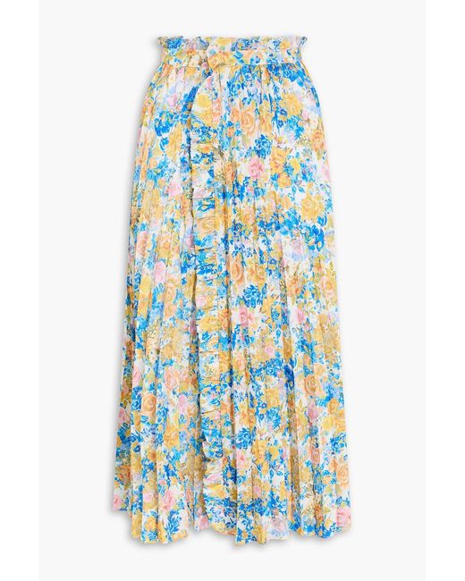 Kika Vargas Blue Dy Pleated Floral-print Satin-crepe Midi Wrap Skirt