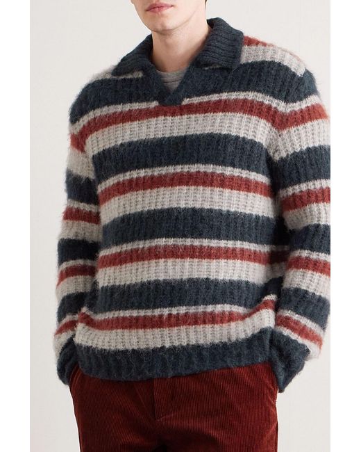 Mr P. Blue Striped Waffle-Knit Alpaca-Blend Polo Shirt for men