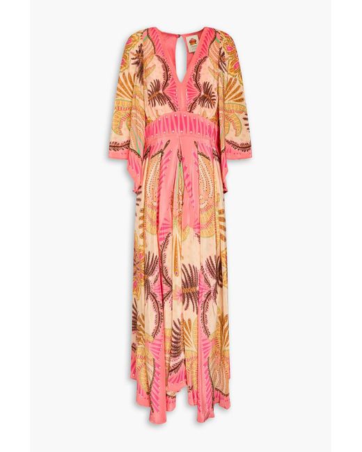 Farm Rio Red Pleated Printed Crepe De Chine Maxi Dress