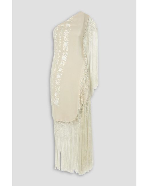 Conner Ives White The Vanguard Fringed Embroidered Silk-Blend Crepe Midi Dress