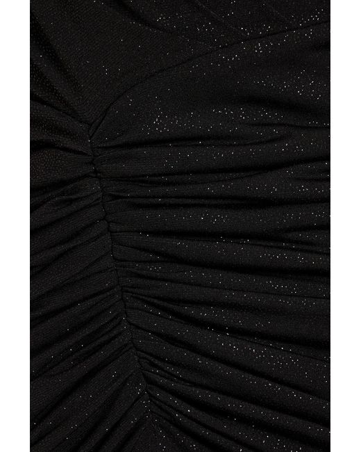 Rhea Costa Black One-shoulder Ruched Glittered Jersey Gown