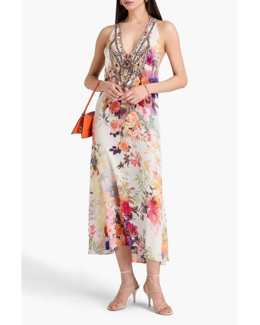 Camilla White Crystal-Embellished Floral-Print Silk Crepe De Chine Midi Dress