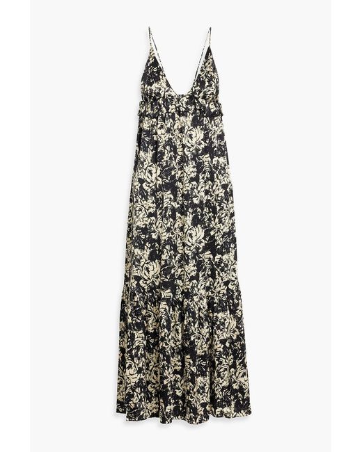 Ganni White Ruffled Printed Satin-Crepe Midi Dress