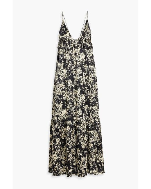 Ganni White Ruffled Printed Satin-Crepe Midi Dress