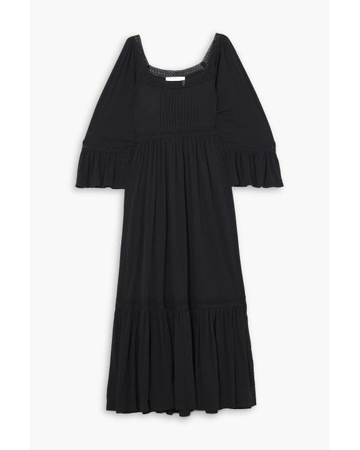 See By Chloé Black Crocheted Lace-trimmed Cotton-jersey Maxi Dress
