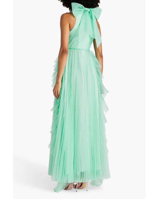 Huishan Zhang Green Pleated Tulle Gown