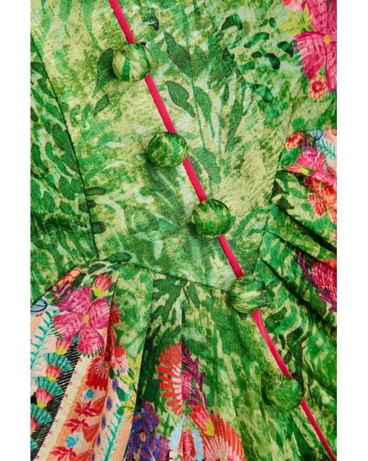 Saloni Green Mitsu Ruched Printed Silk-satin Jacquard Maxi Dress