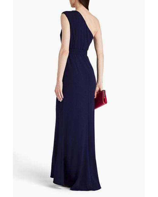 Badgley Mischka Blue One-shoulder Belted Crepe Gown