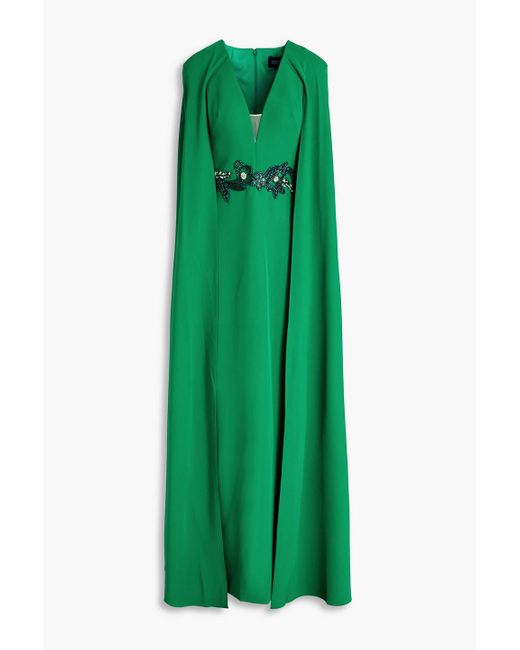 Marchesa Green Cape-effect Embellished Crepe Gown