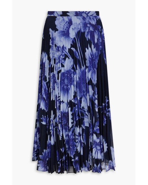 Erdem Blue Pleated Floral-Print Silk-Voile Midi Skirt