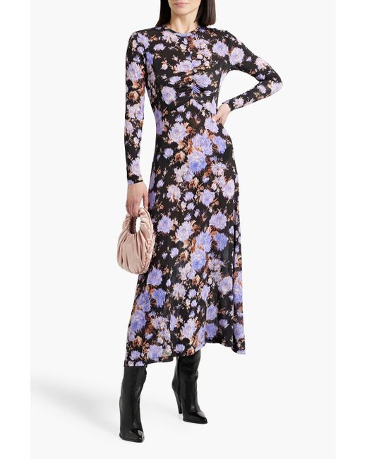 ulla johnson naia ruched floral-print stretch-jersey maxi dress Ulla Johnson Naia Ruched Floral-print Stretch-jersey Maxi Dress In Purple
