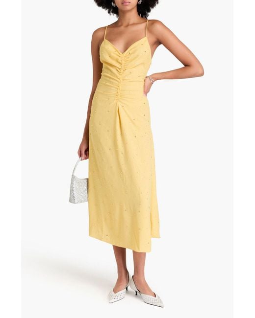 Sandro Yellow Crystal-embellished Ruched Crepe Midi Dress