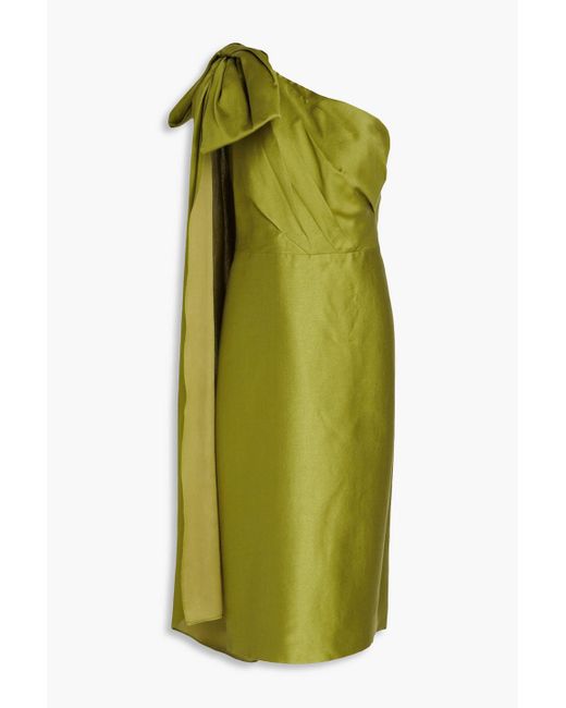 Marchesa Green One-shoulder Bow-detailed Satin-twill Midi Dress