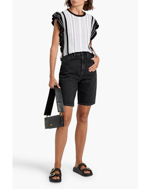 Autumn Cashmere Black Ruffled Striped Jacquard-Knit Cotton Top