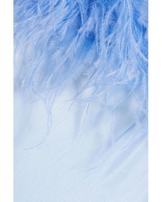 Sleeper Blue Feather-embellished Satin Midi Slip Dress