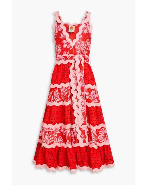 Farm Rio Red Tie Swiss Dot-paneled Broderie Anglaise Cotton Midi Dress