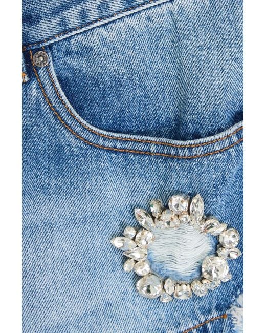 Area Blue Crystal-embellished Distressed Denim Shorts