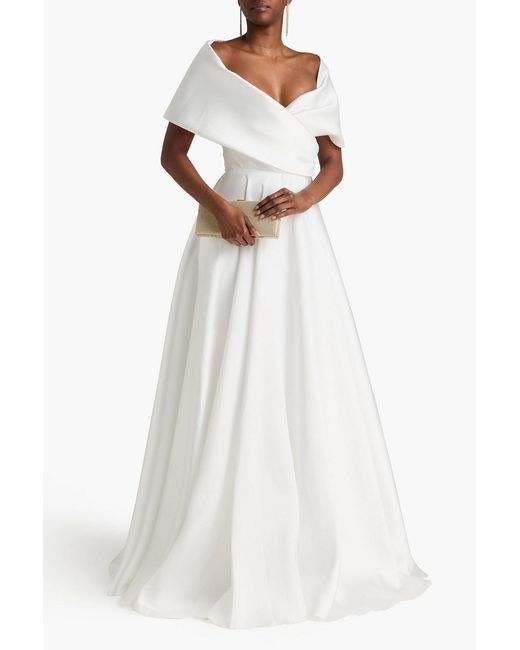 Rhea Costa White Off-the-shoulder Satin-twill Gown