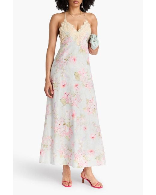 Zimmermann White Lace-Trimmed Floral-Print Linen Maxi Dress