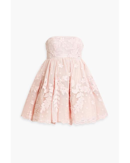 LoveShackFancy Pink Jaylen Strapless Embroidered Cotton-blend Mesh Mini Dress