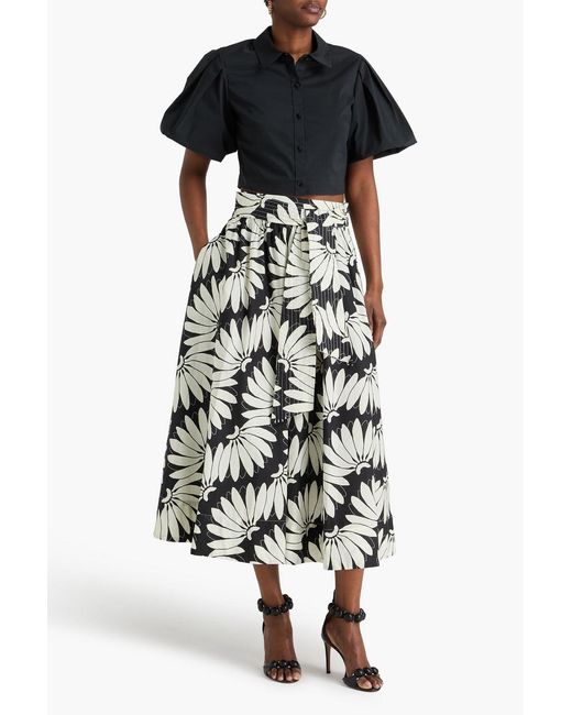 Farm Rio White Floral-Print Cotton Midi Skirt