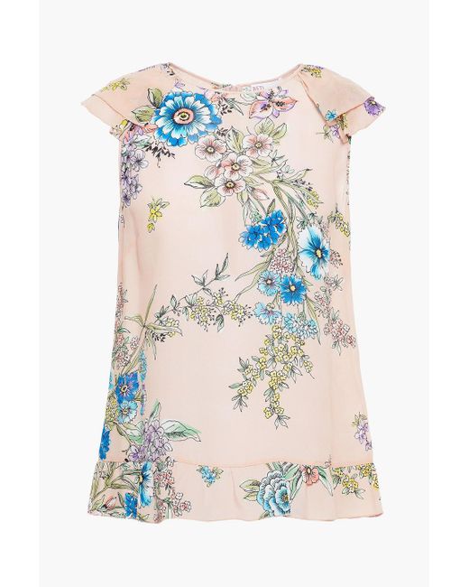 RED Valentino Blue Ruffled Floral-print Silk Crepe De Chine Top