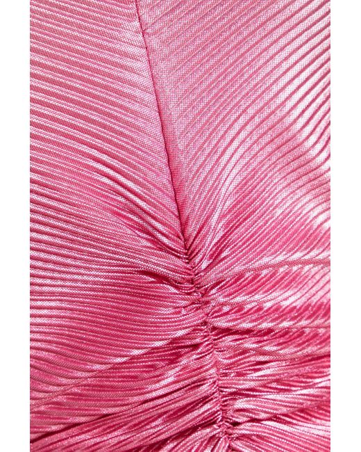 ROTATE BIRGER CHRISTENSEN Pink Ruched Metallic Plissé-satin Midi Dress