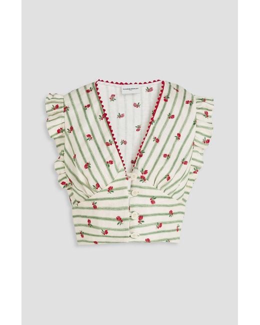 Claudie Pierlot White Cropped Embroidered Striped Linen Top