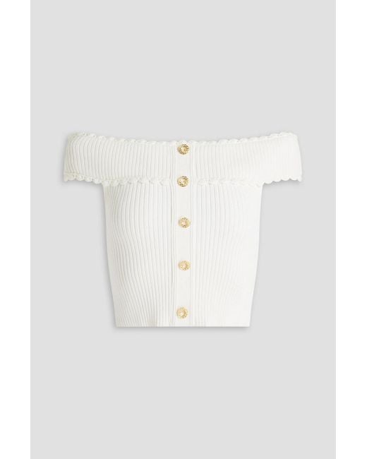 Sandro White Off-the-shoulder Cropped Button-embellished Ribbed-knit Top