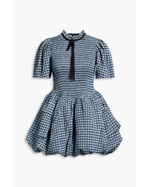 Ganni Blue Gingham Cotton-blend Seersucker Mini Dress