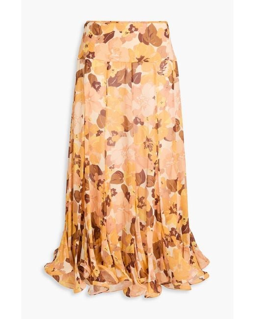 Zimmermann Yellow Fluted Floral-Print Crepe De Chine Midi Skirt