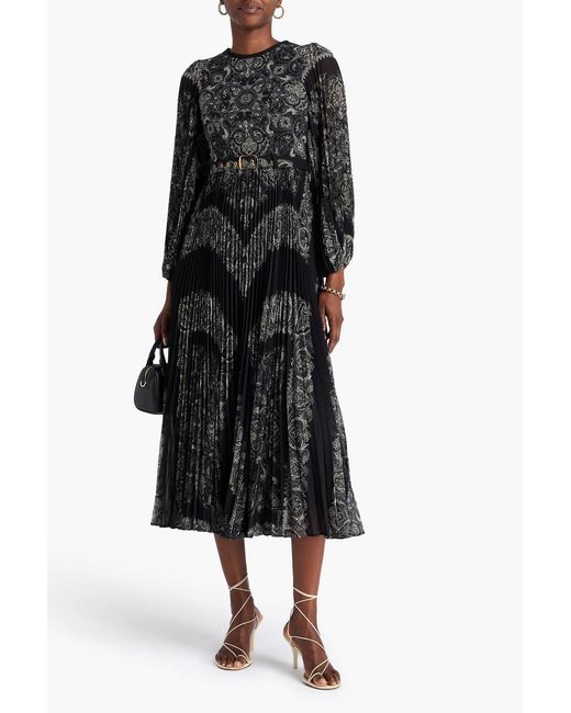 Zimmermann Black Belted Printed Crepe De Chine Midi Dress