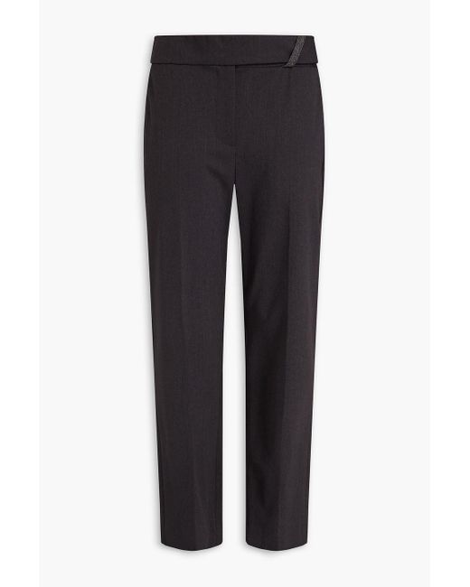 Brunello Cucinelli Black Bead-embellished Wool-blend Straight-leg Pants