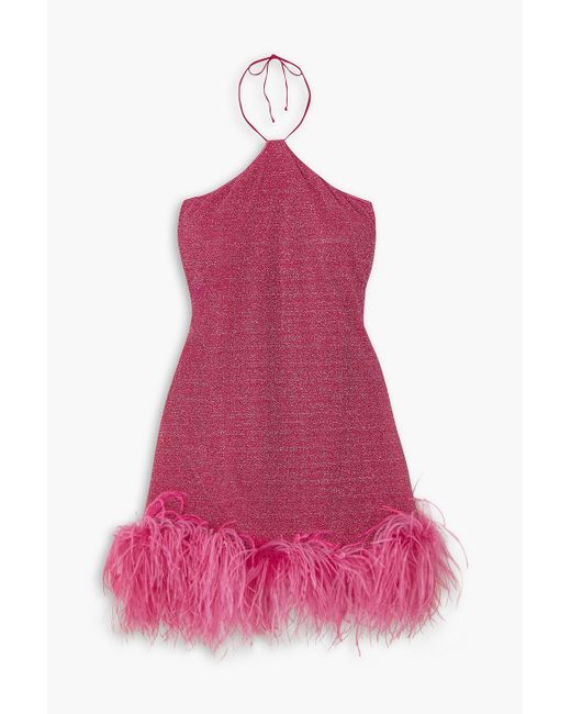 Oseree Pink Lumière Feather-trimmed Metallic Stretch-knit Halterneck Mini Dress