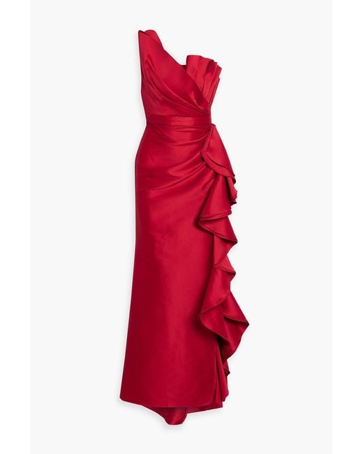Badgley Mischka Red Strapless Ruffled Mikado Gown