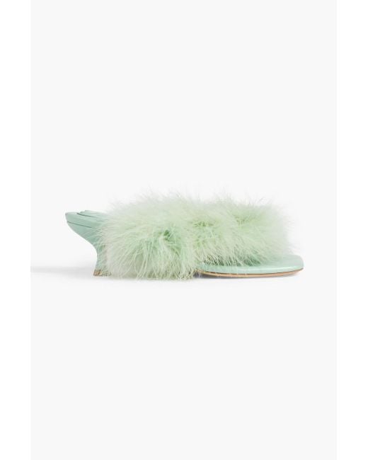 Sleeper Green Pom Feather-embellished Leather Mules